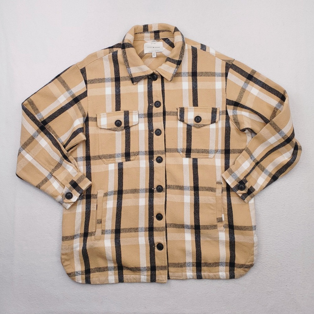 Lucky Brand Shirt Jacket Mens Medium Tan Black Tartan Plaid Flannel Shacket - Picture 1 of 15
